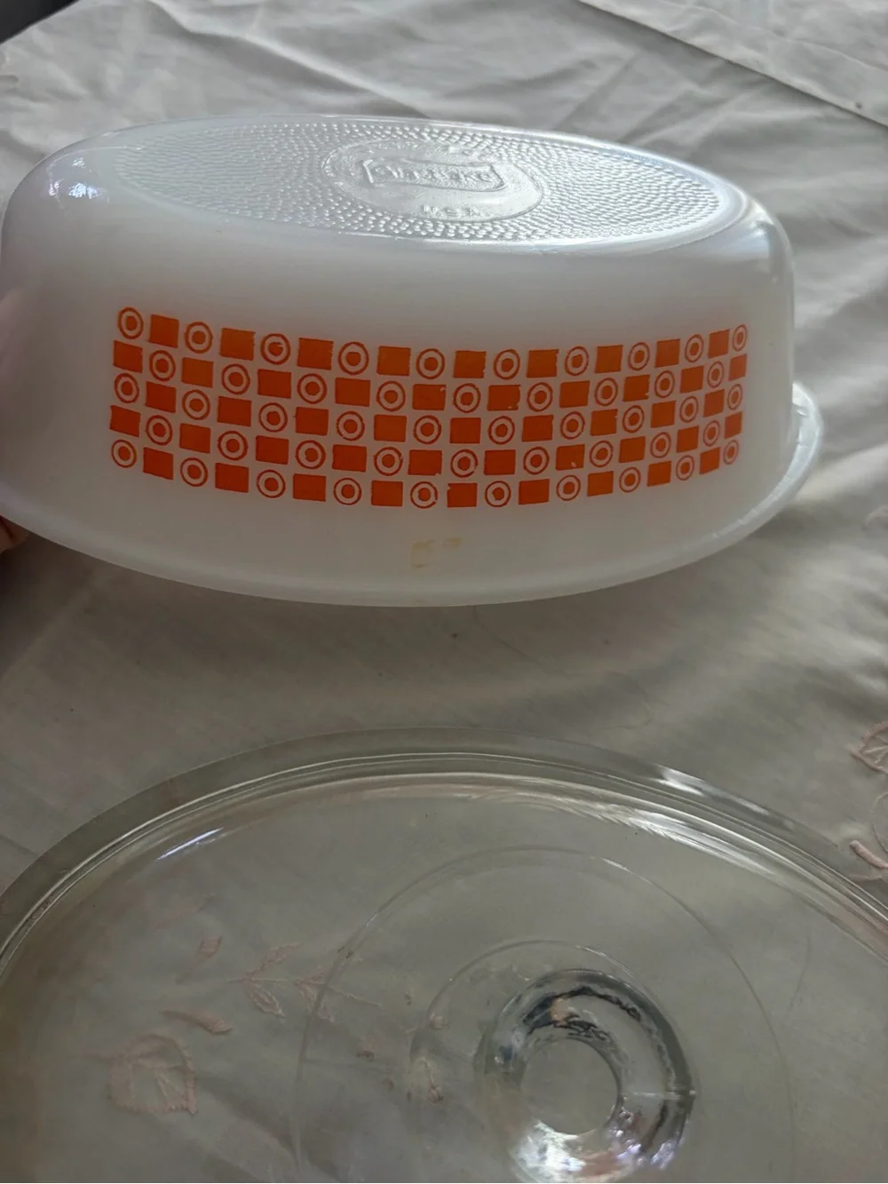 Glassbake White Casserole and Mixing Bowl Set with Orange Geometric Pattern